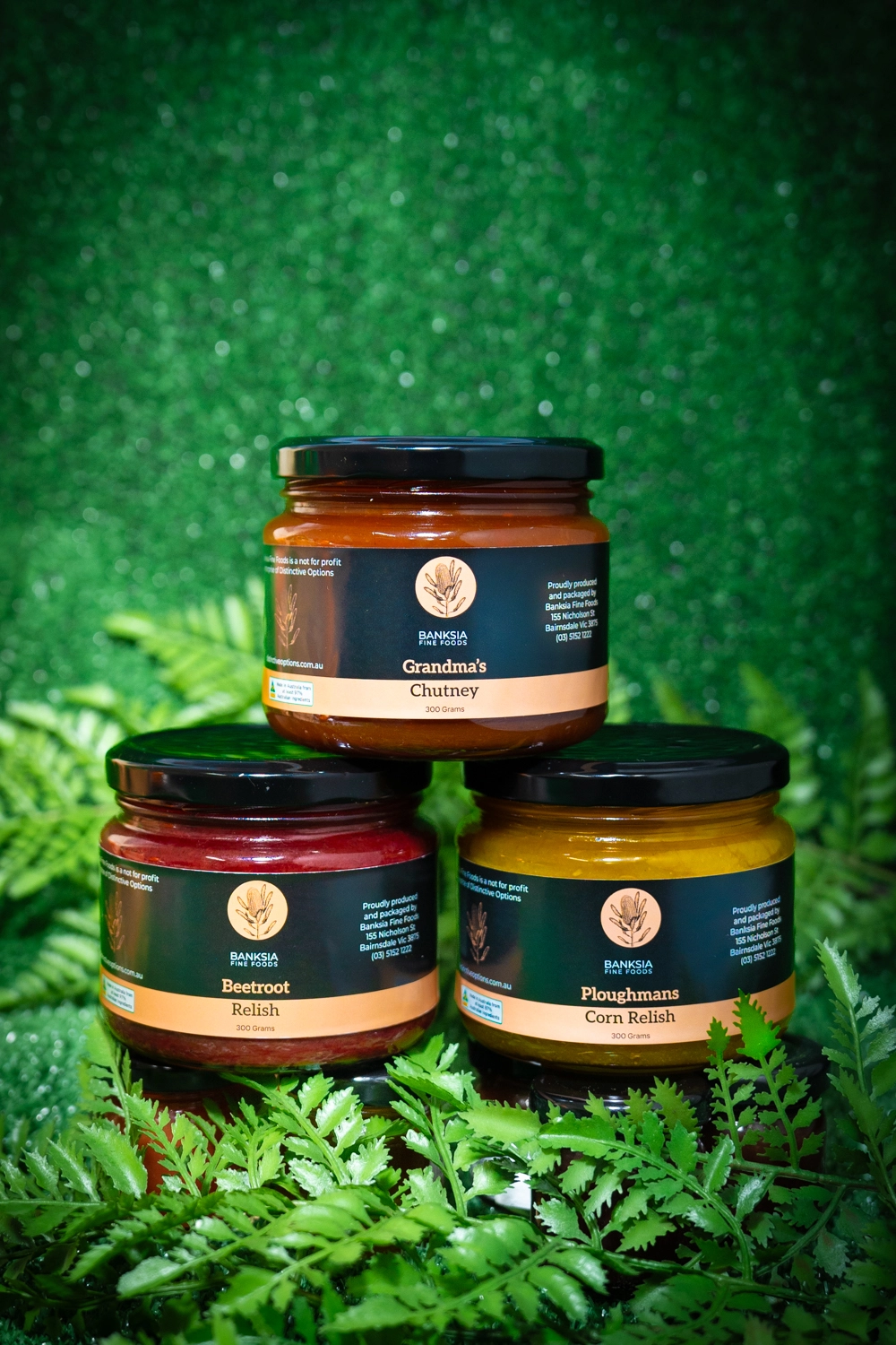 3 jars of chutneys and relishes made by Banksia Fine Foods at NDIS registered disability support Distinctive Options